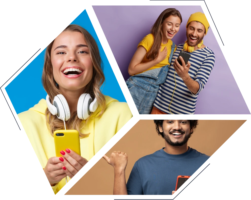 Three smiling young people with their phones, set in a hexagon collage